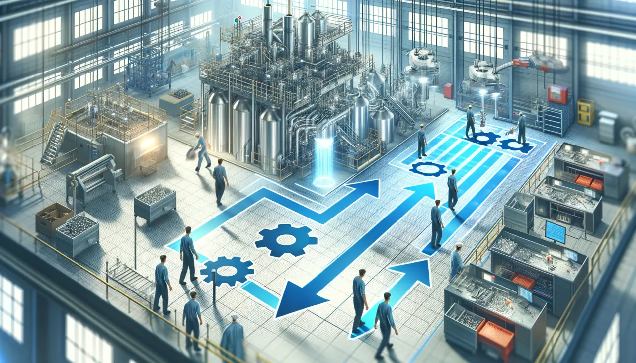 DALL·E 2024-05-25 16.41.40 - A detailed image showing a manufacturing process where tasks are being streamlined and unified to increase efficiency. The scene includes a factory fl