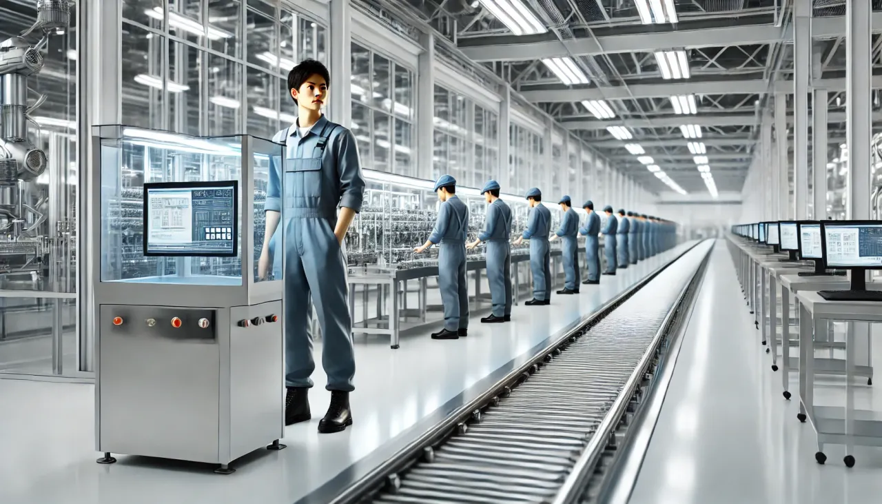 DALL·E 2024-09-18 10.04.41 - A stylish and realistic scene of a modern factory with a single streamlined assembly line. In this scene, Japanese male workers dressed in work unifor